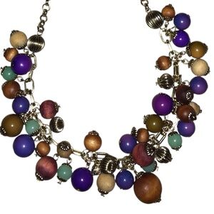 Multicolor Bead Cluster Statement Necklace with Gold-Tone Chain